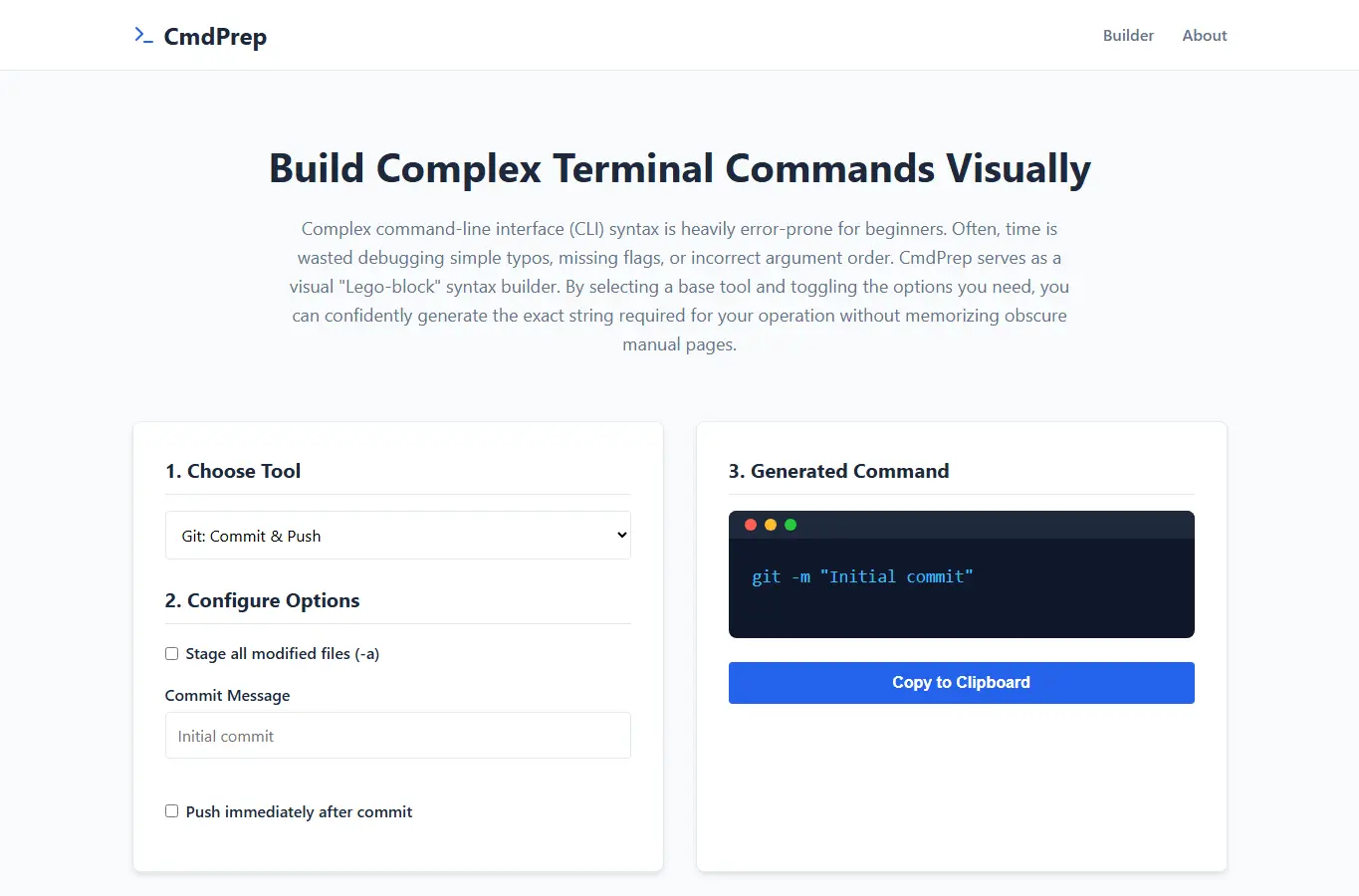 Screenshot of CmdPrep: Command Formatter interface showing the project page in use